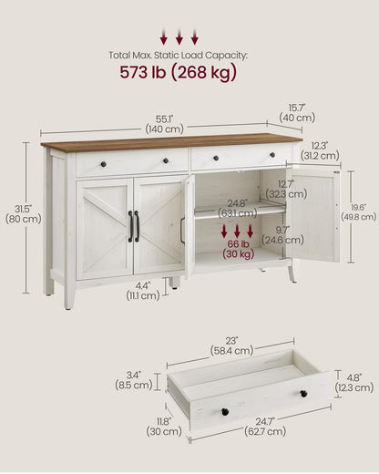 **Buffet Cabinet, Coffee Bar Cabinet with 2 Drawers, Adjustable Shelves, Sideboard Storage with Cable Holes and Drawer Dividers, Rustic White and Honey Brown**