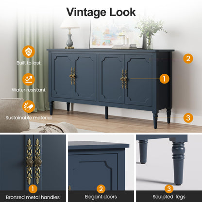 58" Mid-Century Modern Sideboard Buffet Cabinet with Storage and Solid Wood Legs, 4-Door Credenza for Entryway, Kitchen, or Living Room, Dove Gray