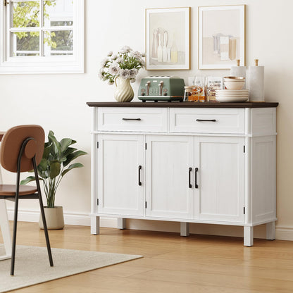 48" Farmhouse Buffet Sideboard Cabinet with 2 Drawers and 3 Doors, Wood Coffee Bar Cabinet with Adjustable Shelves for Kitchen or Living Room, Off White