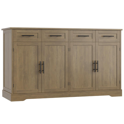 60" Large Buffet Sideboard with 4 Drawers and Storage, 36" Tall Modern Kitchen Cabinet with Black Handles, Rustic Brown