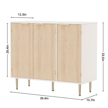 Fluted Sideboard Buffet with 3 Doors and Adjustable Shelves, Modern Kitchen Storage Cabinet with Gold Handles, Coffee Bar for Living Room or Kitchen, Oak