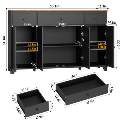 **HIFIT 55" Large Kitchen Buffet Cabinet with Storage, Farmhouse Sideboard with Drawers, Doors, and Shelves, Wood Coffee Bar Cabinet for Kitchen, Dining, or Living Room, Black**