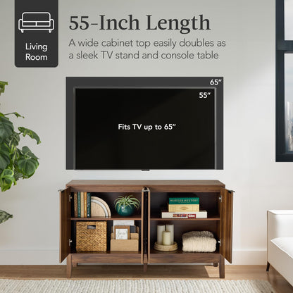 Modern 55" 4-Door Sideboard Storage Cabinet with Reed Panels and Adjustable Shelves, Buffet Media Cabinet for Entryway or Living Room, Walnut