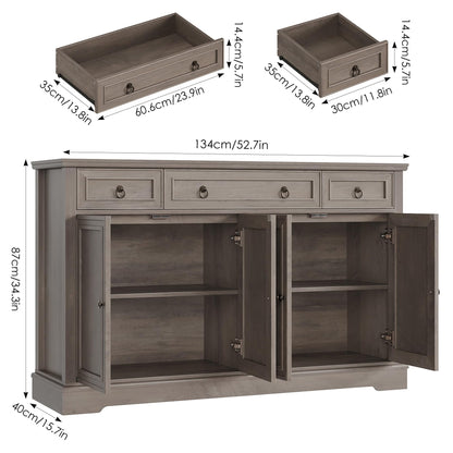 FINETONES 52.7" Large Buffet Cabinet with Storage, Modern Sideboard with 3 Drawers and 4 Doors, Wooden Coffee Bar Cabinet for Kitchen, Dining Room, Living Room, or Home Office, Ash Grey
