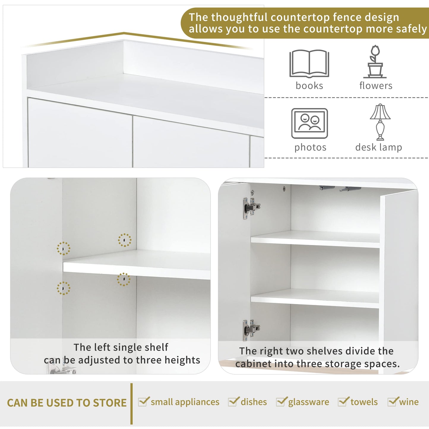 Modern Wood Sideboard Buffet Cabinet with Doors, Adjustable Shelves, and Metal Base, Kitchen Storage for Small Spaces, White