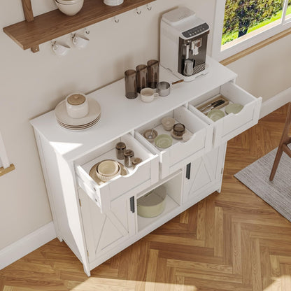 Storage Cabinet with 2 Doors, 3 Drawers, and 2 Adjustable Shelves, Coffee Bar Sideboard for Bathroom, Kitchen, or Living Room, White