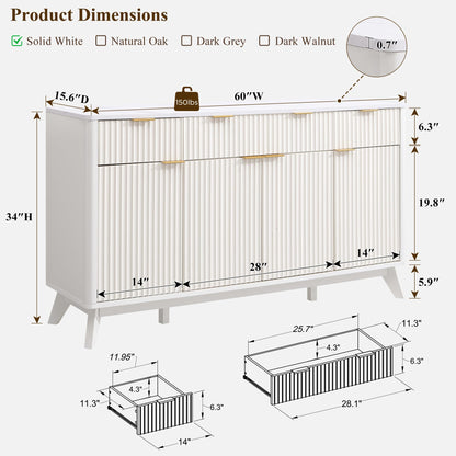 **T4TREAM 60" Fluted Modern Buffet Sideboard Cabinet with Storage, Large Buffet Table with 3 Drawers & 4 Doors for Dining Room, Living Room, or Hallway, Solid White**
