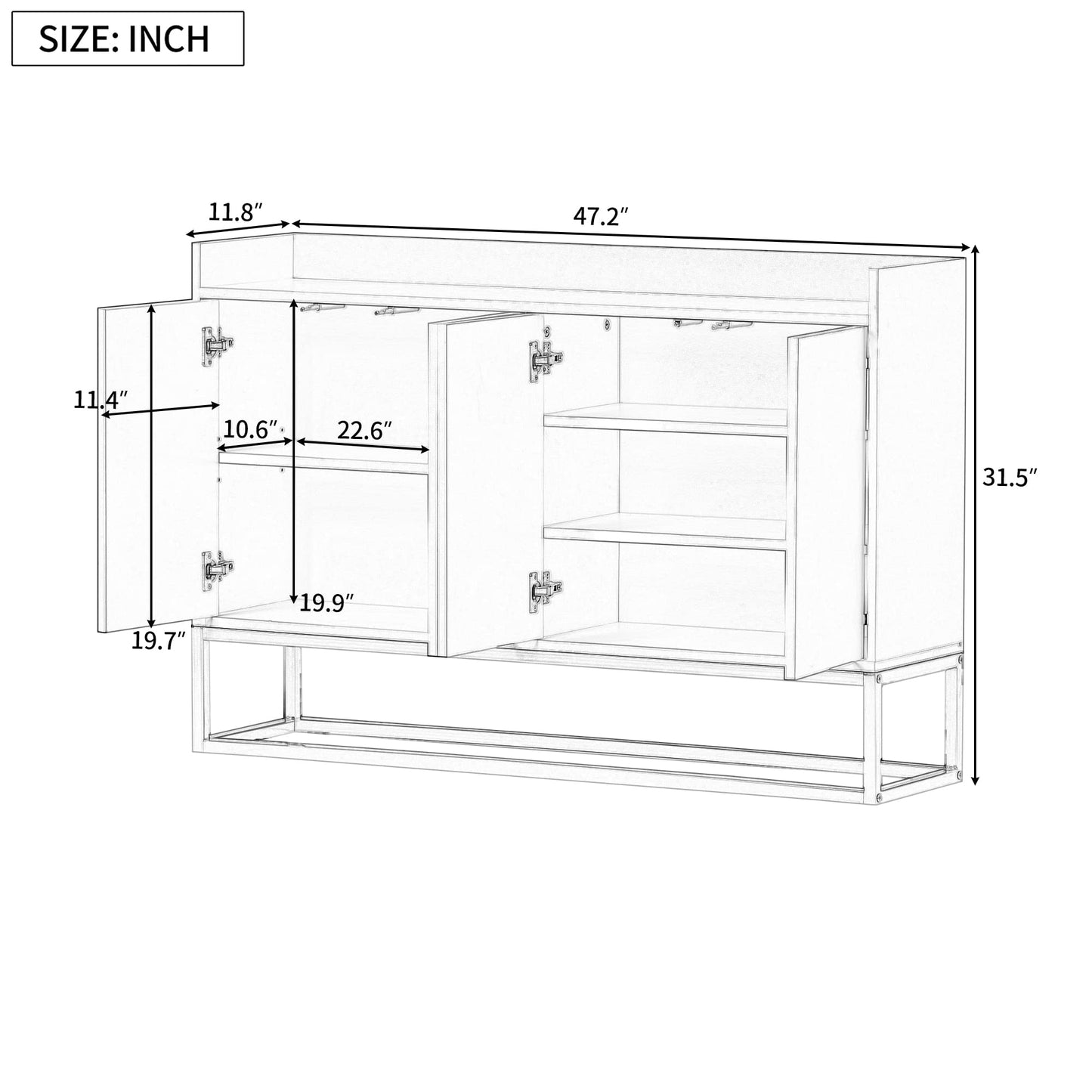 Modern Wood Sideboard Buffet Cabinet with Doors, Adjustable Shelves, and Metal Base, Kitchen Storage for Small Spaces, Black
