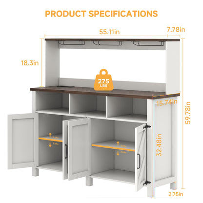 **Buffet Sideboard with Storage Hutch, 4-Door Farmhouse Kitchen Cabinet with Power Outlets, Wood Coffee Bar Cabinet with Goblet Holder and Cup Hooks for Kitchen, Dining Room, or Entryway**