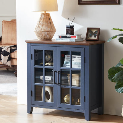 **32" Large Farmhouse Sideboard Buffet Cabinet with Storage, Wood Coffee & Wine Bar Cabinet with 2 Glass Doors, Mid-Century Modern Sideboard for Dining Room or Living Room, Navy Blue**