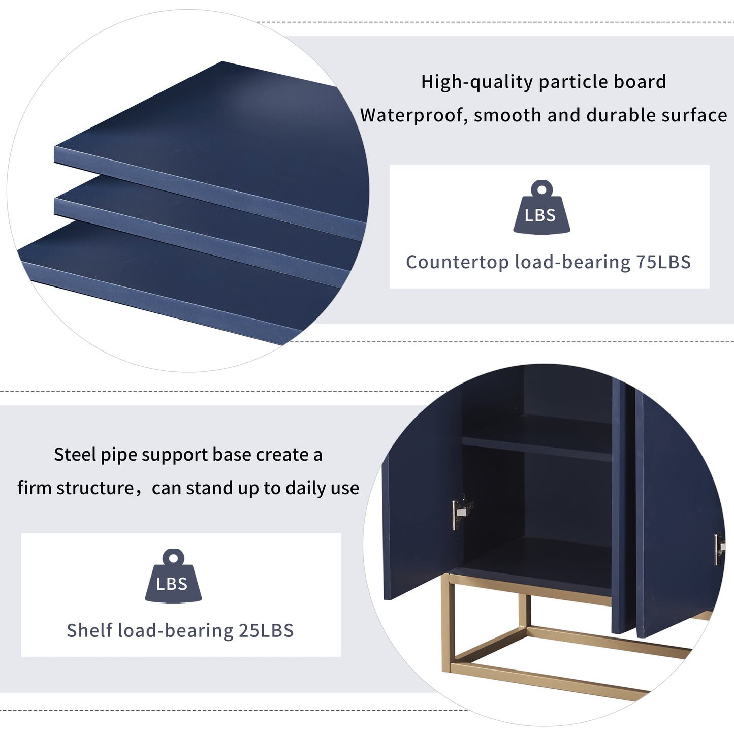 Modern Wood Sideboard Buffet Cabinet with Doors, Adjustable Shelves, and Metal Base, Kitchen Storage for Small Spaces, Navy Blue