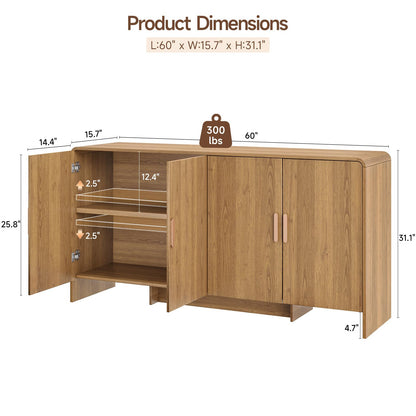60" Curved Sideboard Buffet Cabinet with 4 Doors and Adjustable Shelves, Farmhouse Coffee Bar Storage for Living Room, Kitchen, or Hallway, Oak