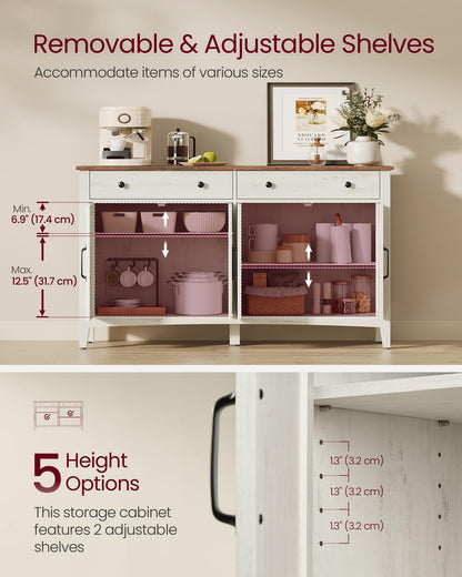 **Buffet Cabinet, Coffee Bar Cabinet with 2 Drawers, Adjustable Shelves, Sideboard Storage with Cable Holes and Drawer Dividers, Rustic White and Honey Brown**