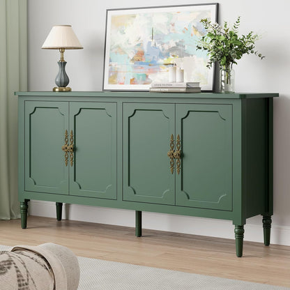 58" Large Sideboard Buffet Cabinet with Storage, Modern Credenza Coffee Bar Cabinet with Artistic Carved Handles for Dining or Living Room, Satin Black