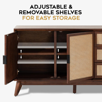 **58" Rattan Buffet Sideboard with 3 Drawers and 2 Doors, Pre-Assembled Accent Console Table for Living Room, Kitchen, or Dining, Walnut**