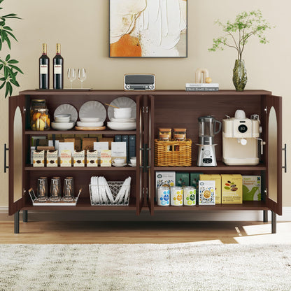 55" Modern Sideboard Buffet Cabinet with 4 Fluted Acrylic Doors and Adjustable Shelves, Wood Console Table for Living Room or Kitchen, Dark Walnut