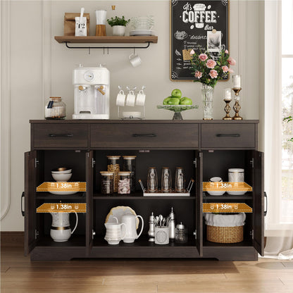 55" Large Buffet Sideboard Cabinet with Drawers, Shelves, and Doors, Modern Farmhouse Coffee Bar Station for Kitchen or Dining Room, Dark Brown