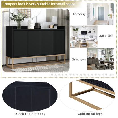 Modern Wood Sideboard Buffet Cabinet with Doors, Adjustable Shelves, and Metal Base, Kitchen Storage for Small Spaces, Black