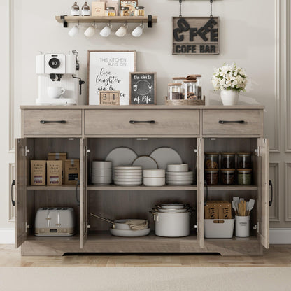 55" Large Buffet Sideboard Cabinet with Drawers, Shelves, and Doors, Modern Farmhouse Coffee Bar Station for Kitchen or Dining Room, Ash Grey