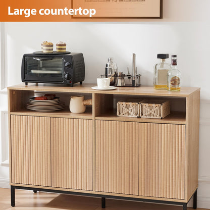 Farmhouse Buffet Sideboard Cabinet with Storage, Fluted Natural Coffee Bar Station Table with Doors and Adjustable Shelves, Modern Wood Cupboard for Kitchen