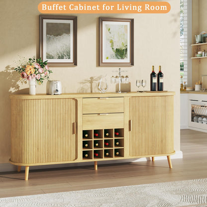 58" Fluted Buffet Cabinet with Drawers, Adjustable Shelves, and 12 Wine Racks, Mid-Century Modern Sideboard for Kitchen or Living Room, Natural Oak