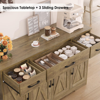 55" Large Buffet Sideboard Cabinet with Drawers, Shelves, and Doors, Modern Farmhouse Coffee Bar Station for Kitchen or Dining Room, Rustic Brown