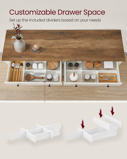 **Buffet Cabinet, Coffee Bar Cabinet with 2 Drawers, Adjustable Shelves, Sideboard Storage with Cable Holes and Drawer Dividers, Rustic White and Honey Brown**