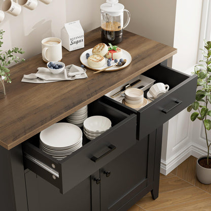 HORSTORS Modern Farmhouse Buffet Cabinet with Storage, Kitchen Sideboard Coffee Bar with 2 Drawers and 2 Doors, Floor Storage Cabinet for Living Room, Dining Room, or Bathroom, Black/Rustic Brown