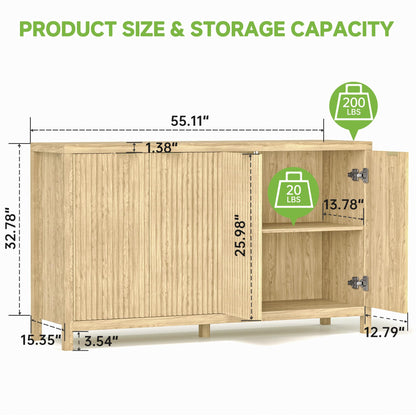 Real Relax Fluted Sideboard Buffet Cabinet with Storage, Modern 55" Credenza with 4 Doors, Adjustable Shelves, Large Coffee Bar Table for Dining Room, Kitchen, Living Room, Natural Oak
