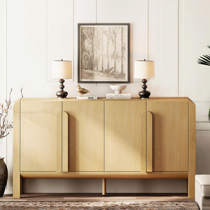 63" Wide Curved Buffet Sideboard Cabinet with 4 Doors, Modern Coffee Bar and Wine Bar Storage for Dining Room, Living Room, or Kitchen, Oak