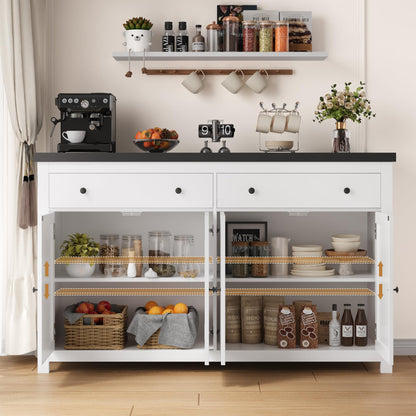 55" Large Sideboard Buffet Cabinet with 2 Drawers and 4 Doors, Wood Storage Buffet Table for Kitchen or Dining Room, White/Black