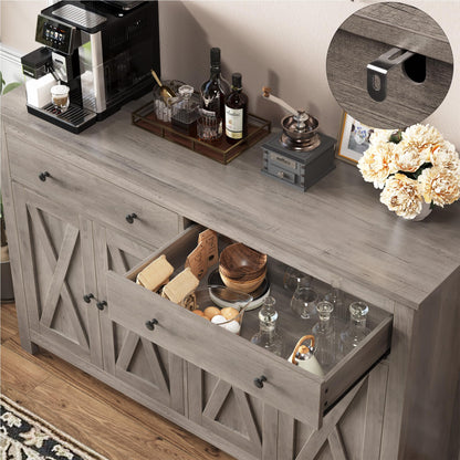 55" Large Sideboard Buffet Cabinet with 2 Drawers and 4 Doors, Wood Storage Buffet Table for Kitchen or Dining Room, Ash Grey