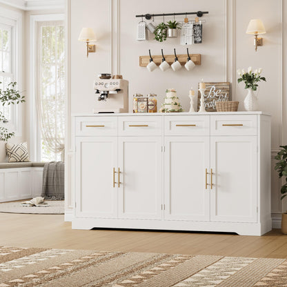 60" Large Buffet Sideboard with 4 Drawers and Storage, 36" Tall Modern Kitchen Cabinet with Gold Handles, White
