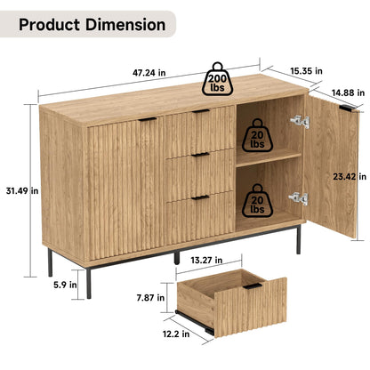 **Fluted Buffet Cabinet with Storage, Modern Sideboard with 2 Doors, 3 Drawers, and Adjustable Shelf, Coffee Bar Cabinet Credenza Buffet Table for Kitchen and Living Room, Oak**