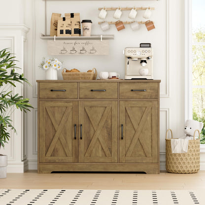 **HOSTACK Modern Farmhouse Buffet Sideboard Cabinet with Barn Doors, Drawers, and Shelves, Wood Coffee Bar Station for Dining Room, Kitchen, or Living Room, Rustic Brown**
