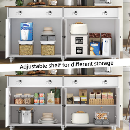 **55" Buffet Cabinet with Storage, Sideboard with 2 Drawers and 4 Doors, Modern Farmhouse Coffee Bar Cabinet, Wood Buffet Table for Kitchen or Dining Room, White**
