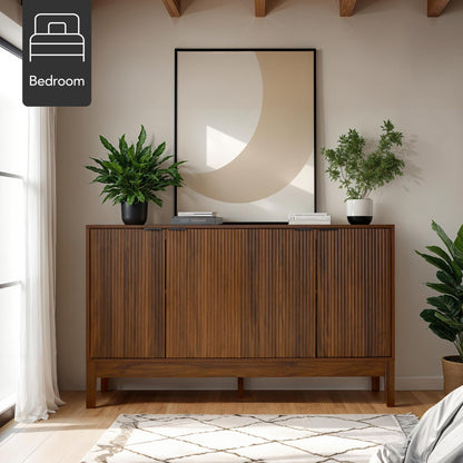 Modern 55" 4-Door Sideboard Storage Cabinet with Reed Panels and Adjustable Shelves, Buffet Media Cabinet for Entryway or Living Room, Walnut