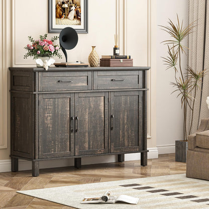 48" Farmhouse Buffet Sideboard Cabinet with 2 Drawers and 3 Doors, Wood Coffee Bar Cabinet with Adjustable Shelves for Kitchen or Living Room, Rustic Brown