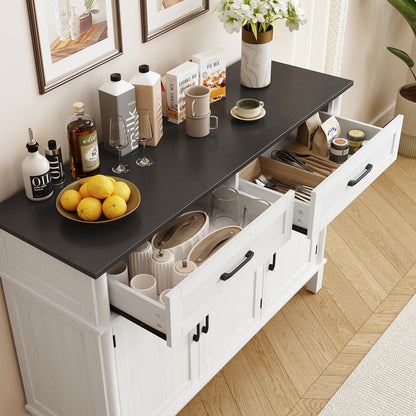 48" Farmhouse Buffet Sideboard Cabinet with 2 Drawers and 3 Doors, Wood Coffee Bar Cabinet with Adjustable Shelves for Kitchen or Living Room, Off White & Black