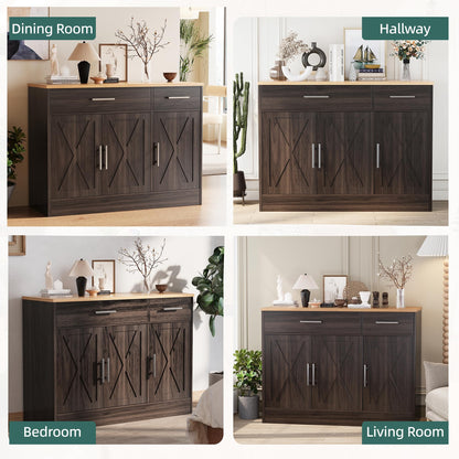 Modern Farmhouse Sideboard Buffet Cabinet with Barn Doors, 2 Drawers and 3 Doors, Adjustable Shelf for Kitchen or Living Room, Brown
