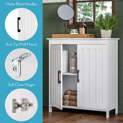 Two-Door Floor Storage Cabinet with Adjustable Shelves, Bathroom Storage with Soft-Close Doors, White Finish with Matte Black Handles
