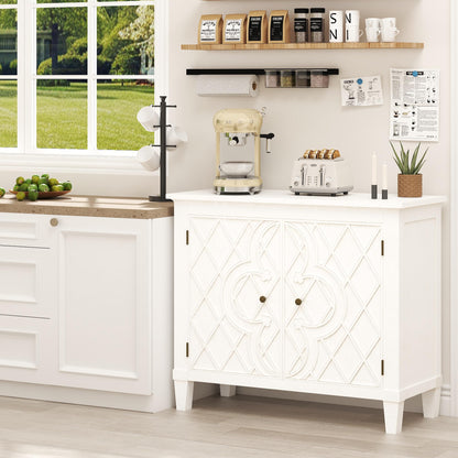 40" Coffee Bar Cabinet with Doors and Shelf, Wood Storage Sideboard with Carved Motif for Living Room, Kitchen, or Entryway, Distressed White