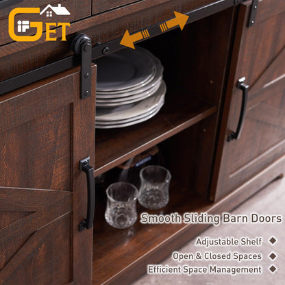 **Farmhouse Buffet Cabinet, 53" Sideboard with 3 Drawers, Rustic Storage Cabinet with Sliding Barn Door, Coffee Bar for Dining Room, Kitchen, Hallway, or Living Room, Brown**