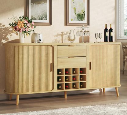 58" Fluted Buffet Cabinet with Drawers, Adjustable Shelves, and 12 Wine Racks, Mid-Century Modern Sideboard for Kitchen or Living Room, Natural Oak
