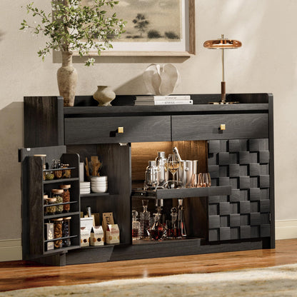 55" Fluted Sideboard Buffet Cabinet with Charging Station and LED Light, 2 Drawers, Pull-Out Shelf, and Spice Rack, Modern Kitchen Storage, Black Oak
