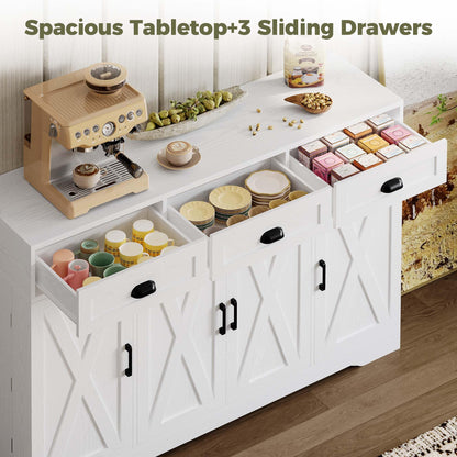 Buffet Cabinet with 4 Doors, 3 Drawers, and 6 Adjustable Shelves, Modern Sideboard Coffee Bar Storage for Kitchen or Dining Room, White