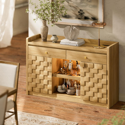55" Fluted Sideboard Buffet Cabinet with Charging Station and LED Light, 2 Drawers, Pull-Out Shelf, and Spice Rack, Modern Kitchen Storage, Original Oak