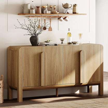 63" Large Curved Buffet Sideboard Cabinet with 4 Doors, Modern Coffee Bar and Wine Bar Storage for Dining Room, Living Room, or Kitchen, Light Walnut