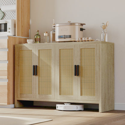 **Rattan Buffet Cabinet with Storage, Sideboard with Doors, TV Stand, Farmhouse Coffee Bar, Modern Wood Storage Cabinet for Living Room, Kitchen, or Dining Room, Oak**