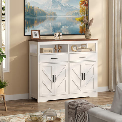 **47" Farmhouse Buffet Sideboard with Storage, 4-Door Kitchen Cabinet with Shelves, Wood Coffee Bar Cabinet for Kitchen, Dining Room, or Entryway**